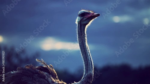 Ostrich stands tall in the grass as clouds gather overhead during early evening hours in the wild