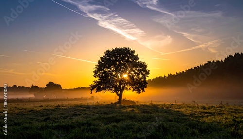 Sunrise Tree Field Landscape Serenity.