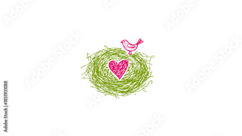 Whimsical hand-drawn illustration of a bird's nest with a pink heart and a little bird, symbolizing love, family, and home.