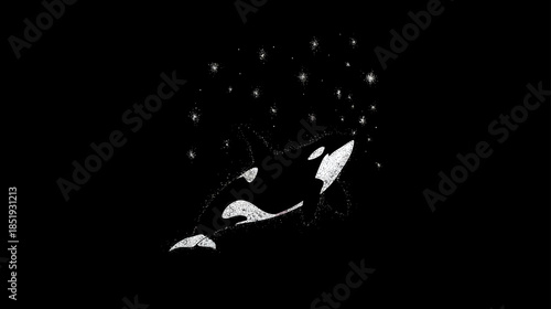 Captivating black and white illustration of a killer whale swimming in a dark, mysterious ocean with glowing star-like bubbles.