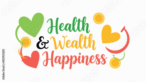 Vibrant typographic illustration featuring the harmonious blend of health, wealth, and happiness, conveying a positive message of overall well-being and life prosperity