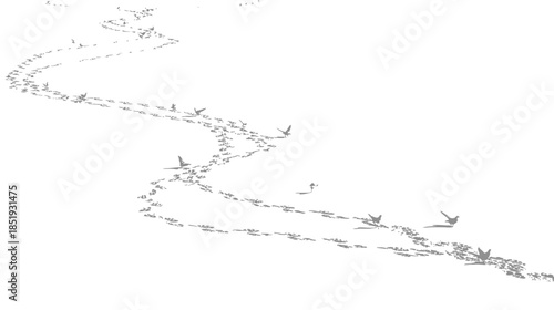 Winding path of animal footprints and flying birds in fresh snow, a serene winter nature journey