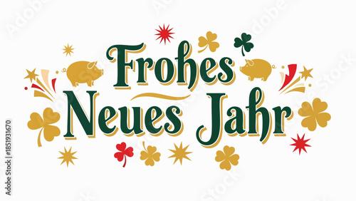 Festive Happy New Year greeting card design featuring elegant typography, lucky clovers, celebratory fireworks, and golden pigs for a cheerful holiday season