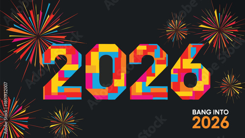 Vibrant and festive illustration welcoming the year 2026 with a dynamic display of colorful fireworks and modern geometric typography, ideal for seasonal greetings and event promotions