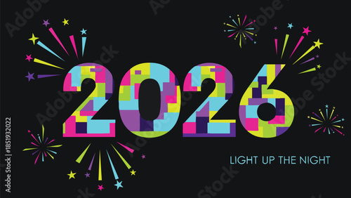 Vibrant 2026 New Year Celebration with Dynamic Fireworks and Colorful Geometric Pattern, Symbolizing Future Joy and Festive Illuminations