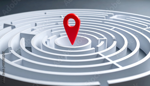 Labyrinth with red marker at the goal representing challenge, focus, and achieving objectives.