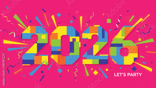 Vibrant 2026 New Year celebration graphic design. Colorful mosaic numbers, confetti, and streamers on a pink background. Perfect for festive events and future anticipation