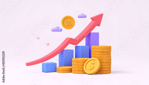 3D illustration of increasing revenue with coins, percentage sign, and upward graph showing business and financial growth.