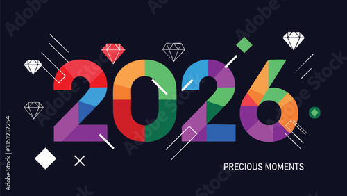 Vibrant and Dynamic 2026 A Modern Graphic Celebration of Bright New Beginnings and Precious Future Opportunities, full of colorful geometric shapes