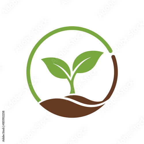 Green plant sprout growing from brown soil within a circular outline
