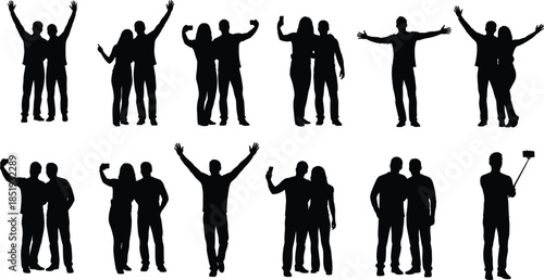 Silhouette vector set of people in pairs showing interaction, emotion, and gestures for relationship, social design, and graphic illustration