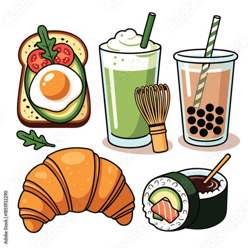 Flat Vector Food Icons Set – Avocado Toast, Matcha Latte, Bubble Tea, Croissant