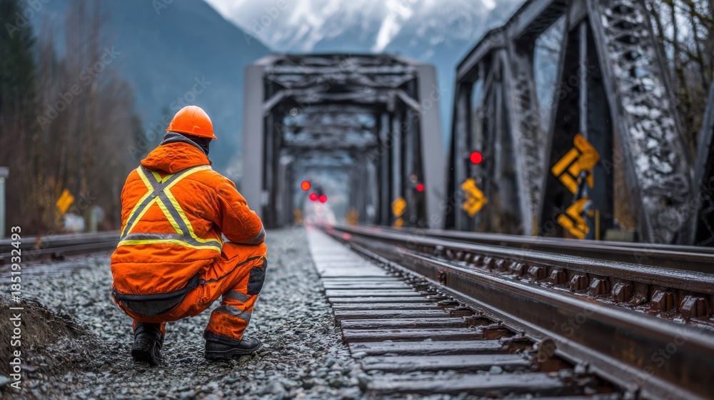 Obraz premium Medium shot of a worker in safety gear inspecting bolts on a steel railroad bridge the surrounding landscape blurred to draw attention to the tight inspection