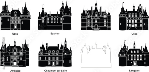 Set of Loire Valley Castles silhouettes, famous French chateaus, Usse, Saumur, Amboise, Chaumont, Langeais, historic landmarks