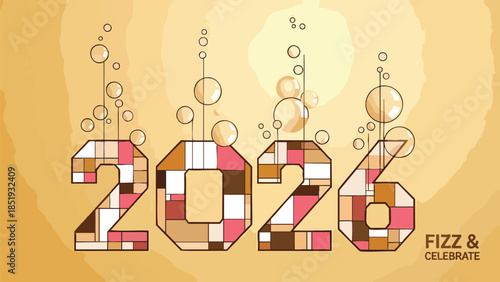Modern geometric 2026 New Year celebration illustration with effervescent bubbles and a festive golden backdrop for holiday greetings and events
