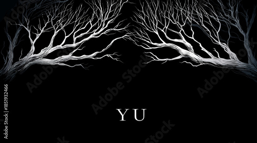 Eerie abstract bare tree branches illustration on a dark black background, stylized digital art, spooky forest design element