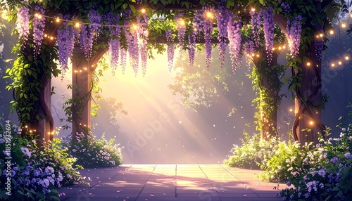 Magical Garden Archway with Cascading Wisteria Flowers and Twinkling Fairy Lights, Bathed in Golden Sunlight – An Enchanted Floral Canopy Background