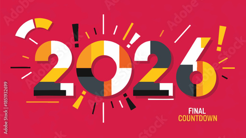 Vibrant graphic design for the upcoming year 2026, featuring a modern abstract countdown display with colorful geometric shapes, celebrating the approach of a new era and future events