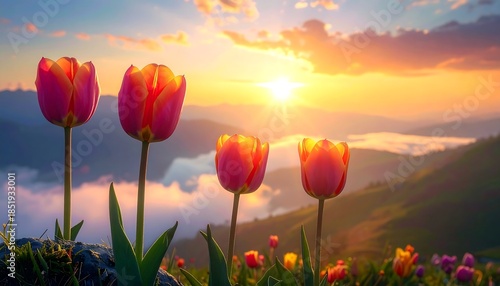 Sunrise over Spring Tulips in Mountains.
