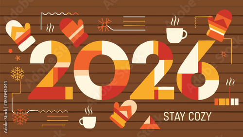 Embrace the warmth of a new beginning with a cozy 2026 illustration, featuring festive mittens, steaming mugs, and a comforting winter atmosphere
