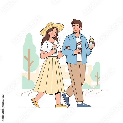 Young couple enjoying a leisurely summer stroll, holding refreshing iced beverages in a vibrant park setting