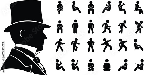 Victorian gentleman silhouette with hat alongside human pictogram icon set showing various sitting standing walking poses isolated white background