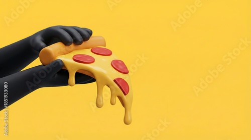 3D cartoon black hands holding slice of pepperoni pizza with dripping cheese