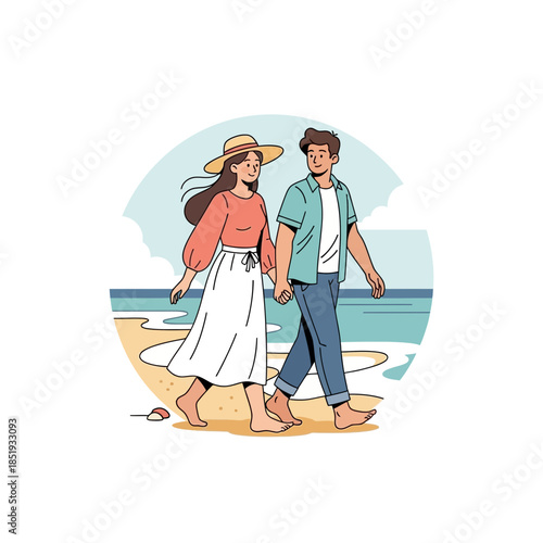 Romantic couple enjoys a leisurely stroll hand-in-hand along the sandy beach shoreline on a beautiful day