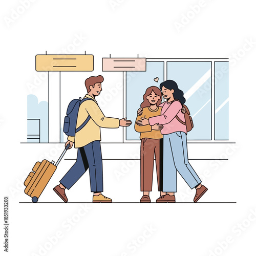 Emotional airport moment friends hug at departure gate, a heartfelt scene of goodbyes or warm welcomes before a journey