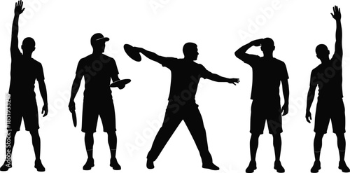 Silhouettes of disc sports players in dynamic and static poses for frisbee action, athletic movement, and vector illustration design use.