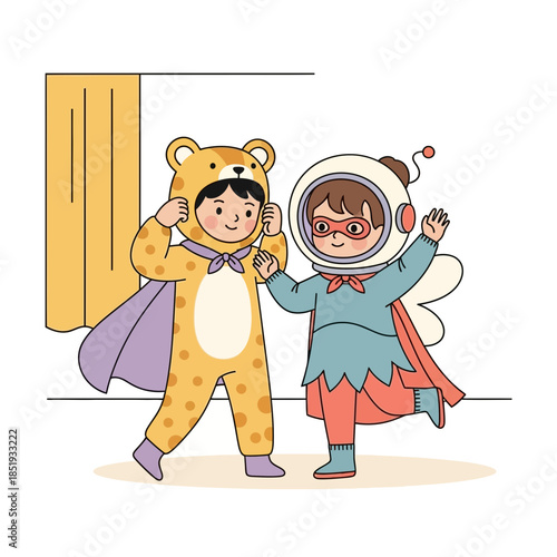 Adorable young friends enjoying a whimsical dress-up game, transforming into a playful animal and a futuristic astronaut for imaginative adventures