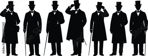 Victorian gentleman silhouettes, vintage fashion, top hats, formal attire, historical style, bow ties, canes, tipping hats, 19th century elegance, retro pose