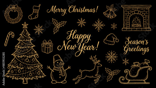 Hand drawn Christmas gold color holiday element icon set. Cute tree reindeer snowman fireplace sketch doodle. Golden decoration black background vector illustration