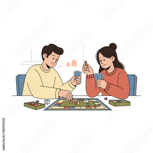 Couple enjoying a fun and strategic board game at home, fostering togetherness and leisure
