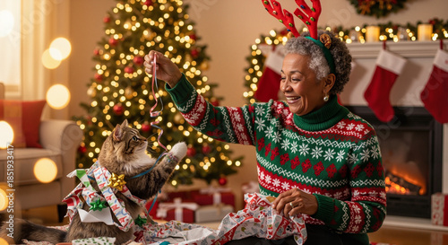 Elderly woman with reindeer antlers playing with cat during Christmas  