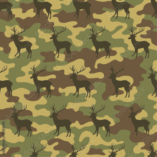 Deer silhouette with tactical camo pattern, hunting-inspired vector design for apparel, fabrics, gear, and outdoor art