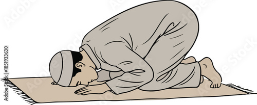 Devout Muslim Man Prostrating During Islamic Prayer on Mat