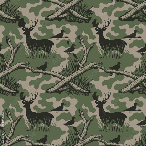 Deer camouflage hunting design with natural woodland pattern, tactical outdoor vector art for fabrics, gear, and apparel