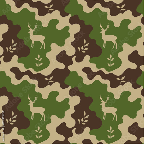 Deer in marsh with trees, camo hunting pattern, vector design for fabrics, gear, outdoor and tactical art