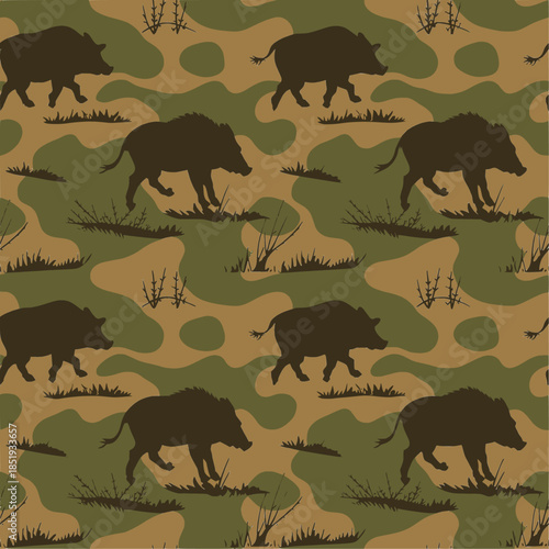 Wild boar silhouette with camo pattern, hunting-inspired vector design for fabrics, gear, outdoor and tactical art