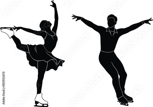 Silhouettes of Male and Female Ice Skaters Performing Elegant Dance Poses on Ice for Winter Sports, Art, and Design Use