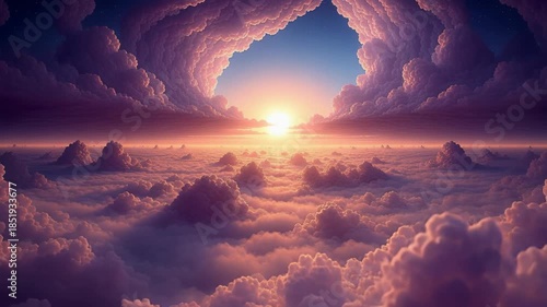 Spiritual pink cloud tunnel in fantasy sky, wondrous and serene journey towards heavens ethereal light