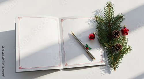 Open notebook with pen and Christmas decorations on white surface  