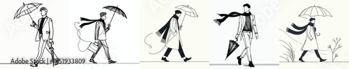 vector line art of a man walking with a winter umbrella