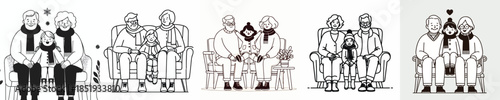 vector line art of a old couple sitting holding their grandchild in winter