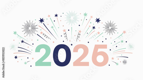 Vibrant New Year 2025 celebration design with colorful fireworks, festive confetti, and sparkling starbursts, perfect for greeting cards, banners, and digital promotions marking the upcoming year