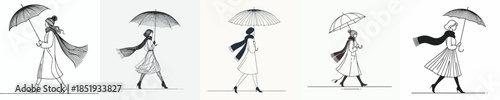 vector line art of a woman walking with a winter umbrella