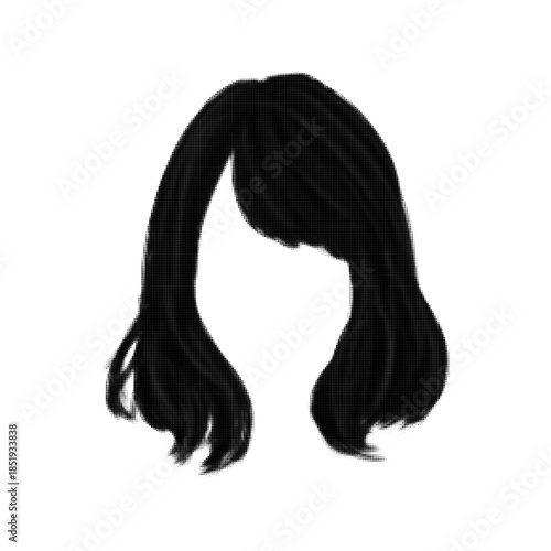 Black and white halftone illustration of a shoulder-length women’s hairstyle with soft waves and side-swept bangs, minimalist silhouette isolated on white background.