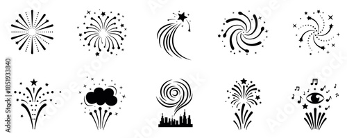 Fireworks icons set vector silhouette collection for holiday party celebration