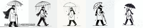 vector line art of a grandfather walking with a winter umbrella